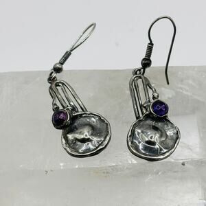 Vintage 1980's 925 Silver Boho Earrings, Amethyst Accent